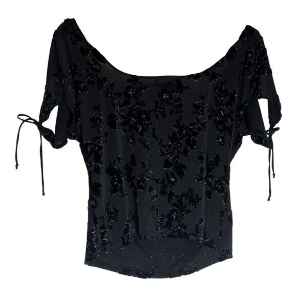 Vintage BeBe Women's Black Silver Floral off shoulder Crop Top Large Boho Goth - Picture 5 of 11